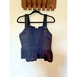 LOFT Smocked Peplum Top Black Square Neck Sleeveless India Womens Size 8 Blouse